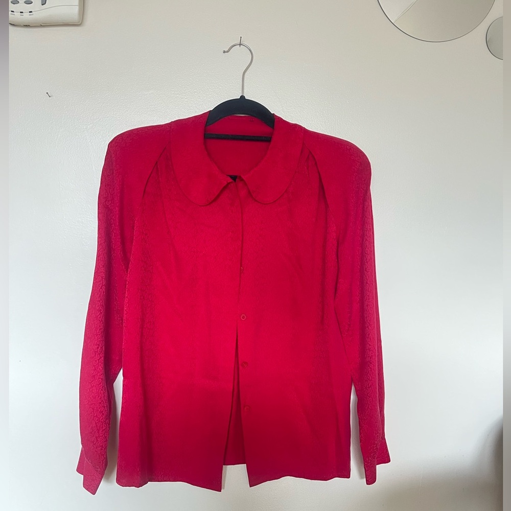 Red 100% Silk Long-sleeve Button-up